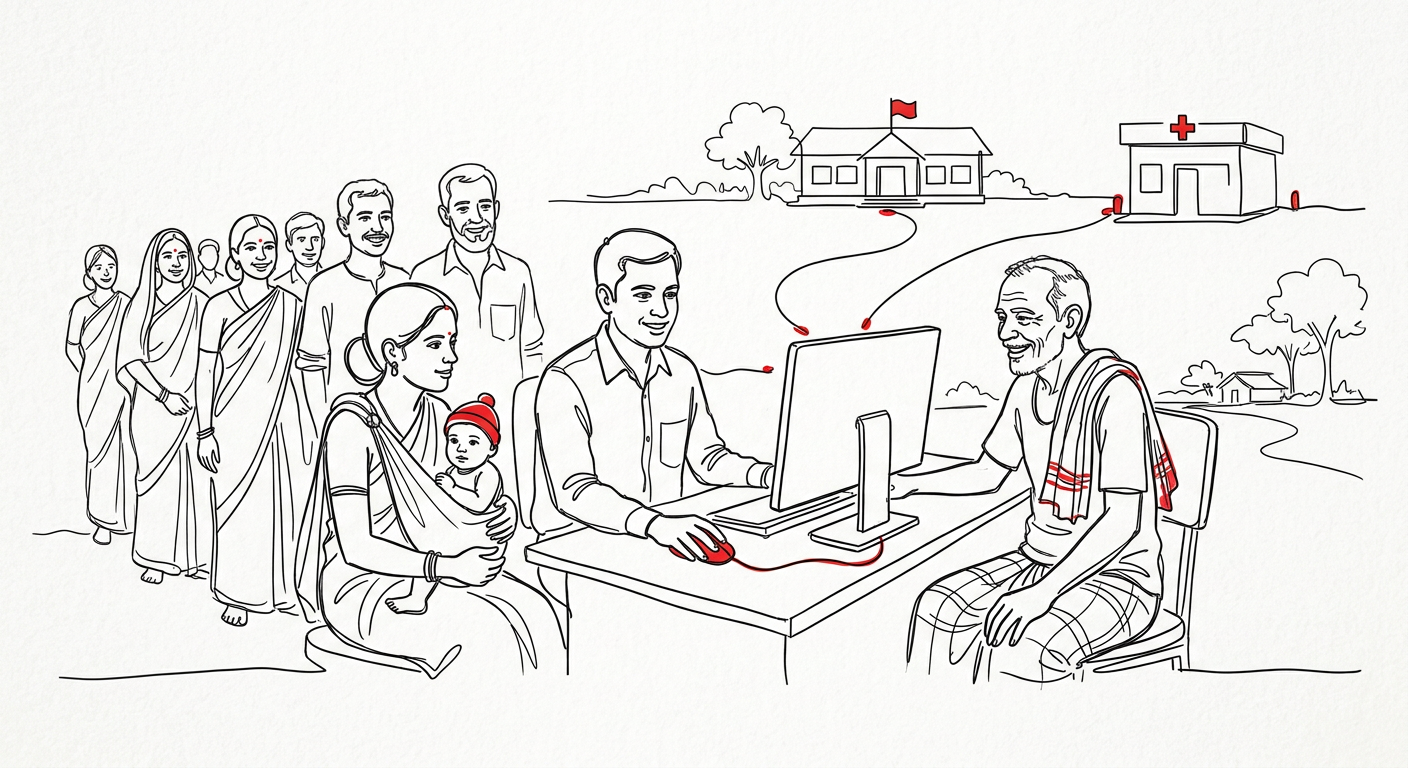 Line drawing of an officer at a digital service centre helping a mother with a baby and an elderly farmer at a computer, with citizens queuing.