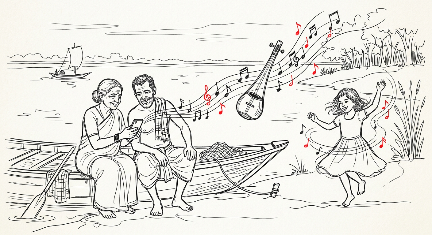 Line drawing of a grandmother and a boatman by a river listening to music on a phone, notes and a folk ektara floating out, while a girl dances.