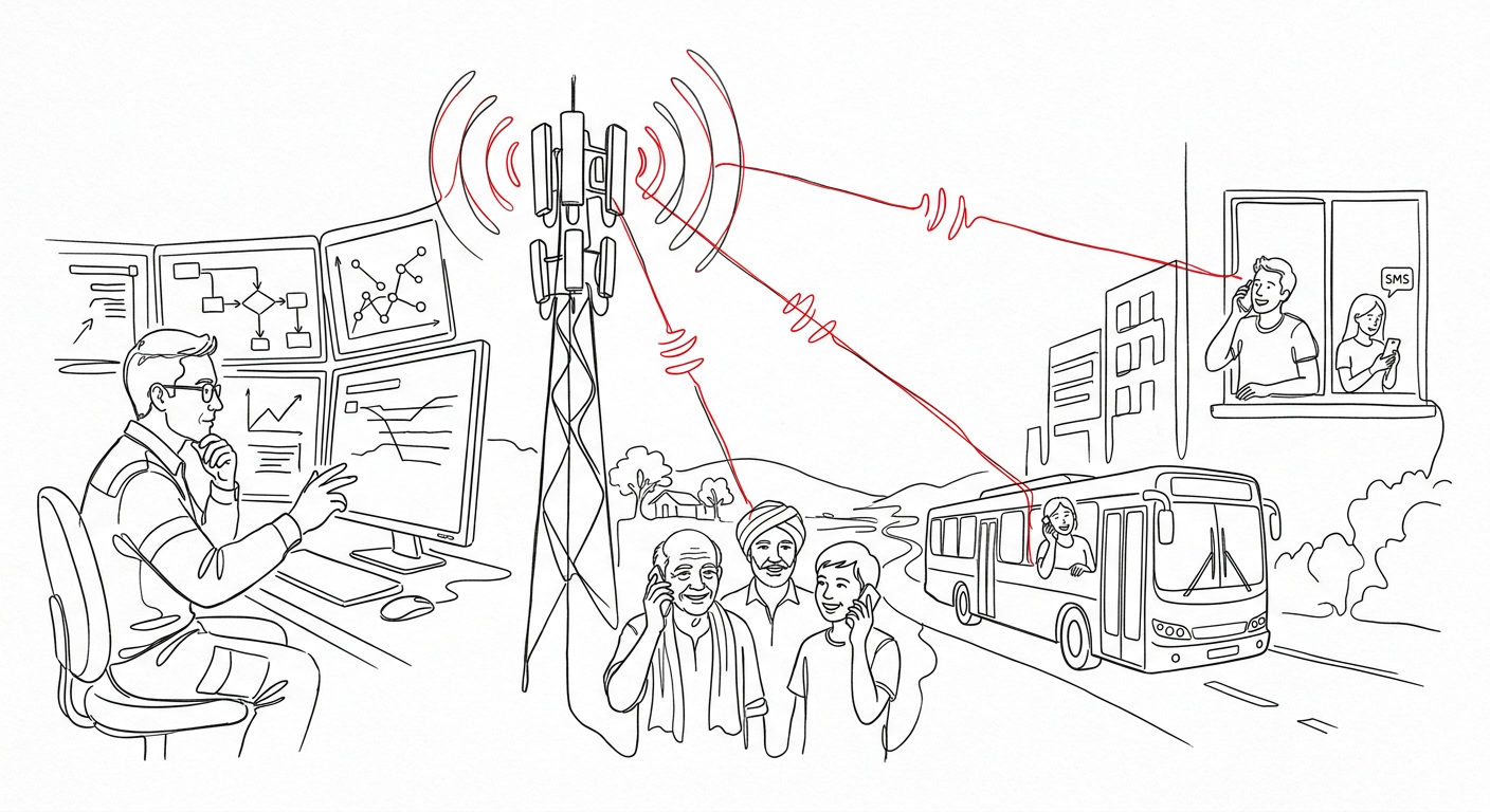Line drawing of an engineer in a control room beside a mobile tower whose signals reach people in a village, on a bus and in a city apartment.